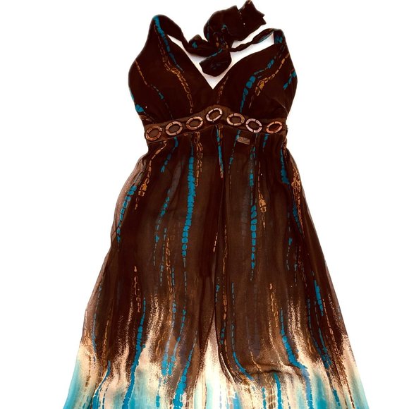 Robbie Bee VINTAGE 1970s tie dye Silk Halter Maxi boho Dress Burning Man Rave - Picture 4 of 14